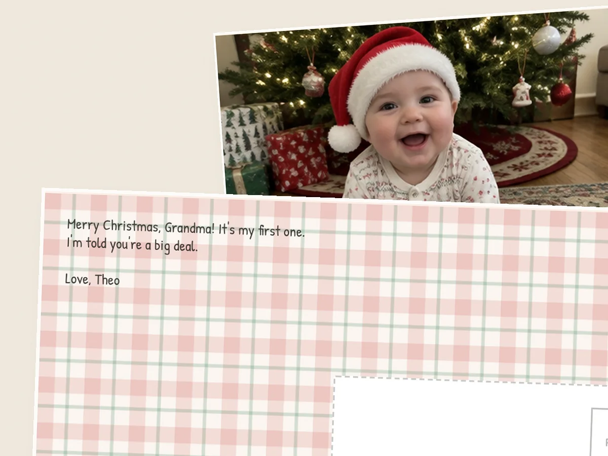 Plaid postcard back written in the baby's voice, it's my first one, with the baby in a Santa hat by the tree on the front