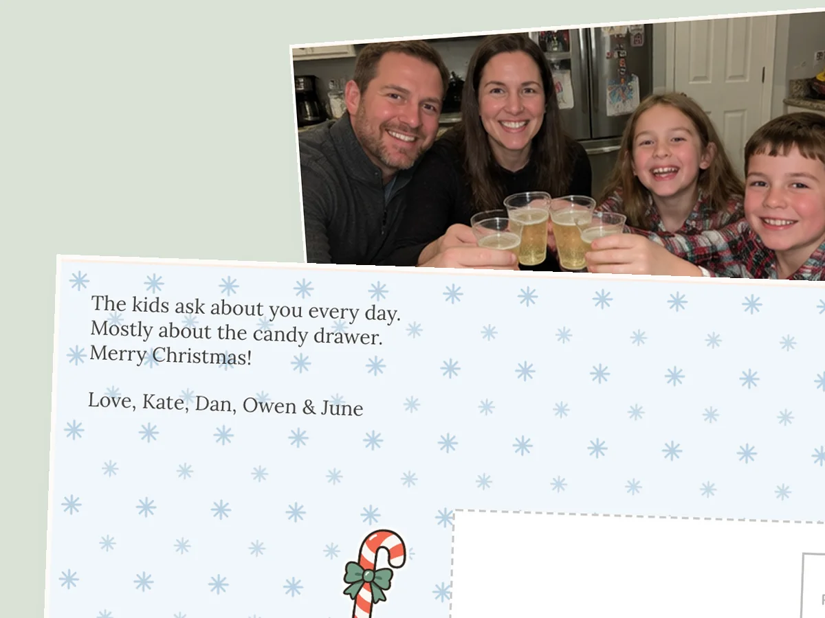 Snowflake postcard back about the kids asking after Grandma's candy drawer, with the family raising glasses of cider on the front
