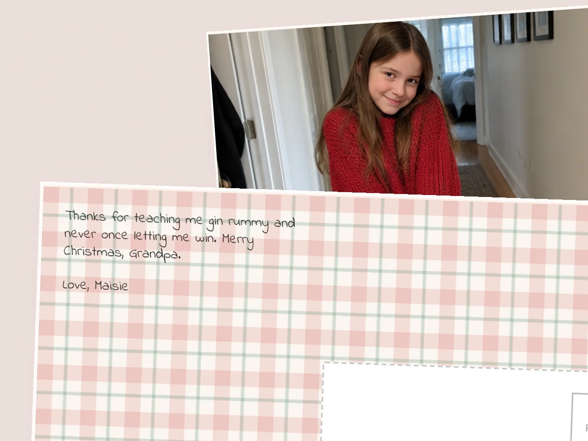 Plaid postcard back from Maisie thanking Grandpa for teaching her gin rummy and never letting her win
