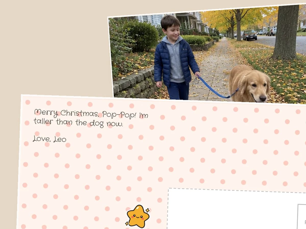 Polka-dot postcard back from Leo telling Pop-Pop he's taller than the dog now, with Leo walking the dog on the front