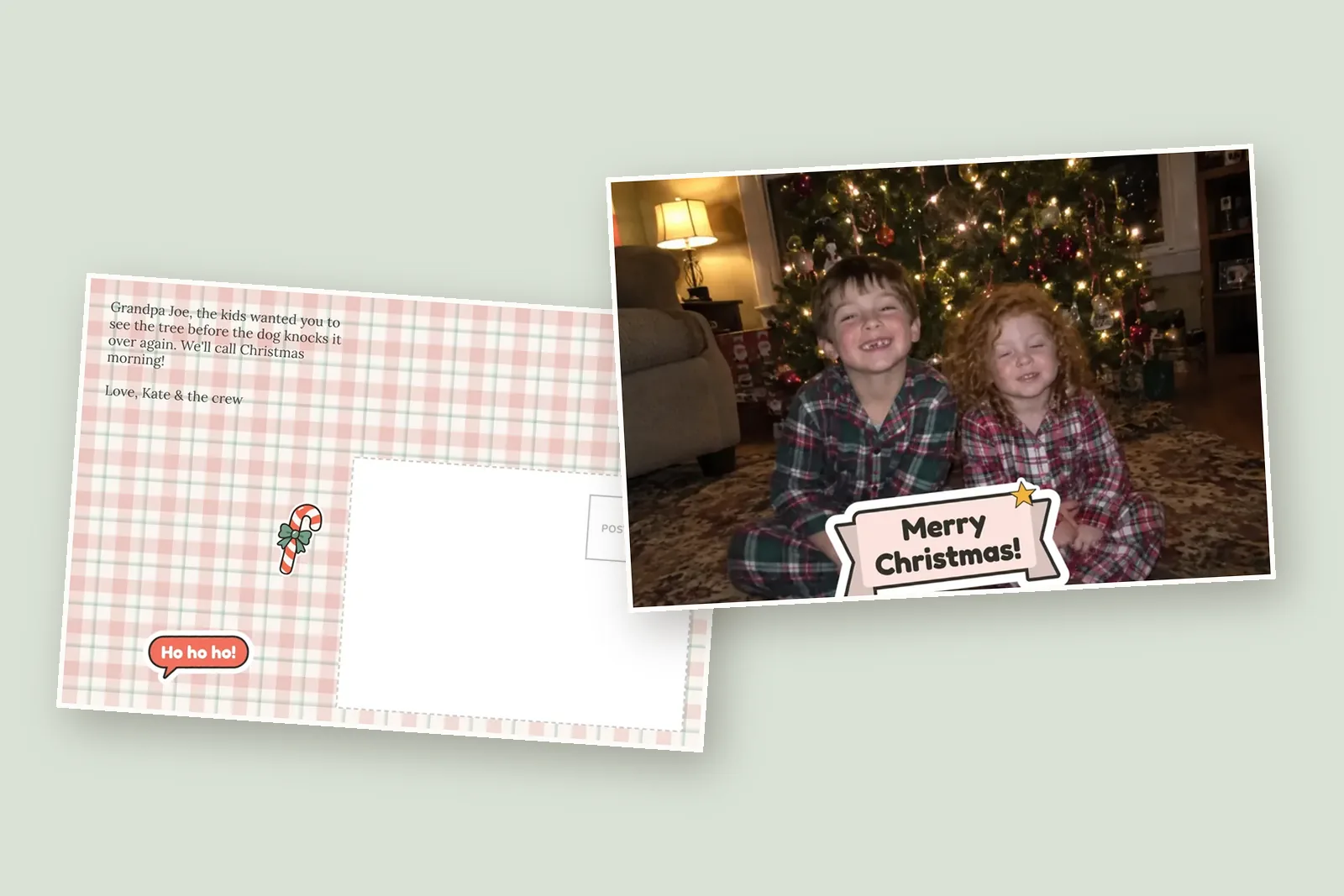 Christmas messages for grandparents on the back of a photo postcard to Grandpa, beside the grandkids' Christmas photo