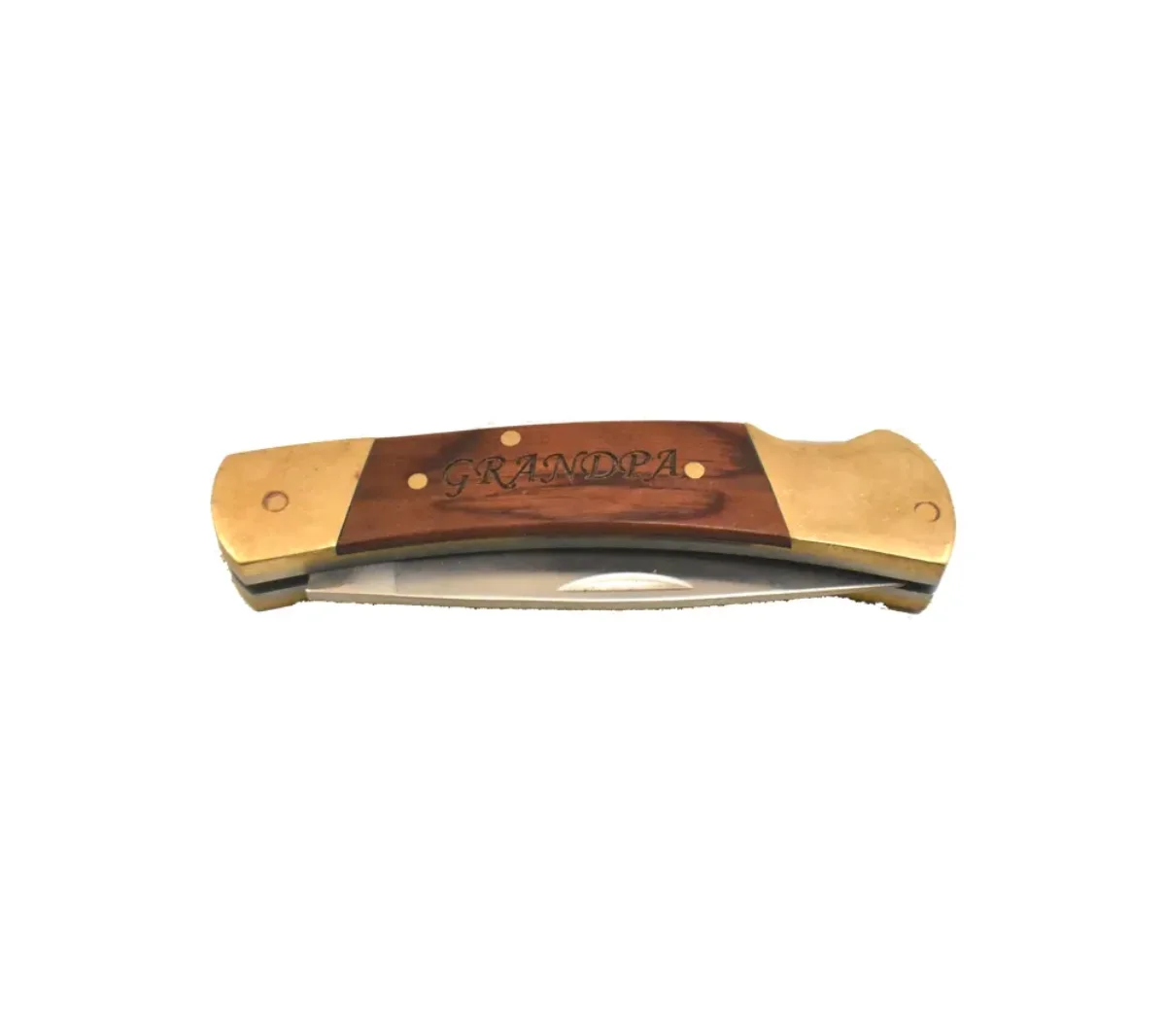 A pakkawood-handled lockback pocket knife engraved with the word Grandpa