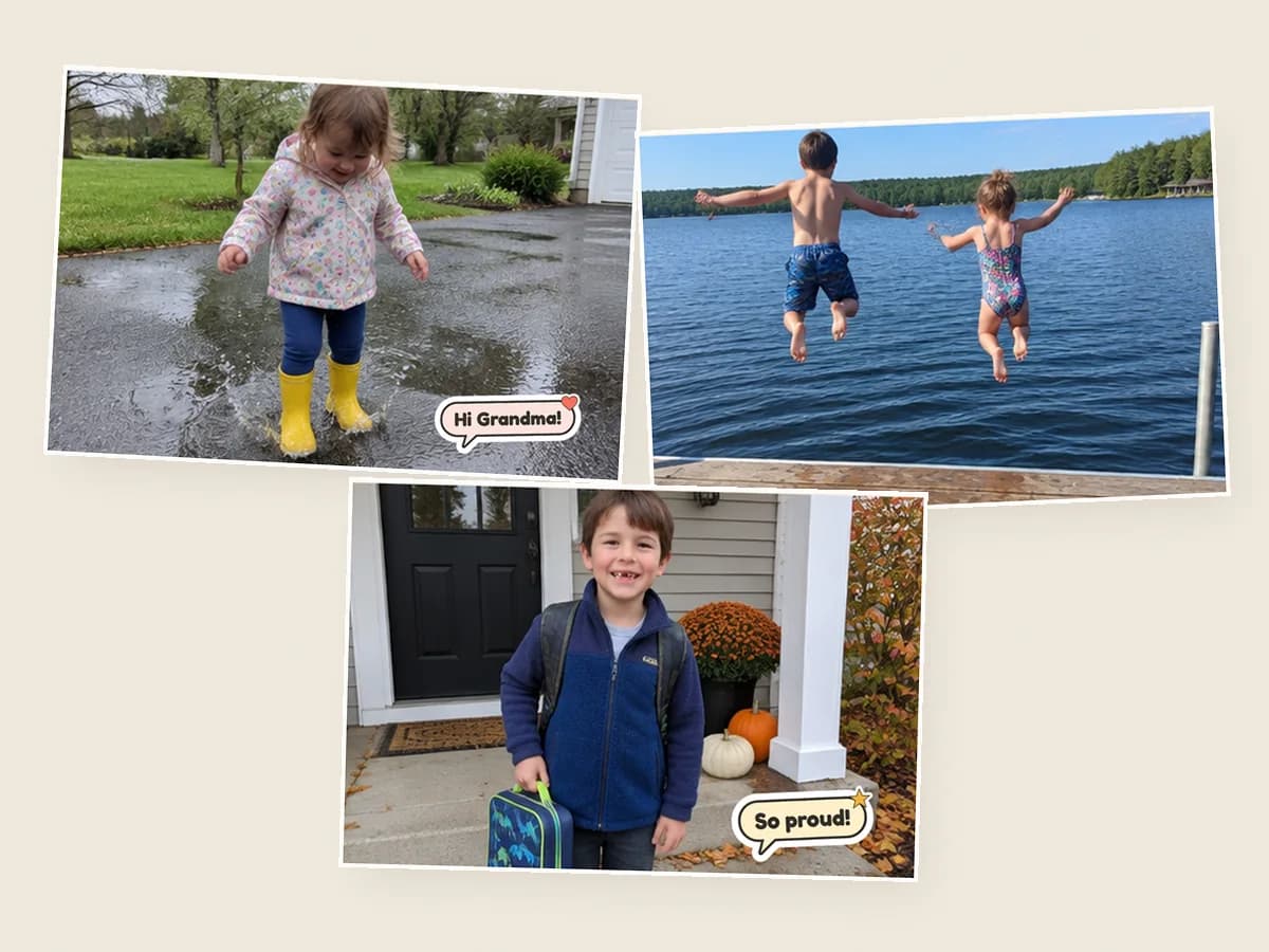 Three printed photo postcards fanned out, one per season: a toddler in a puddle, kids jumping off a dock, a boy on his first day of school