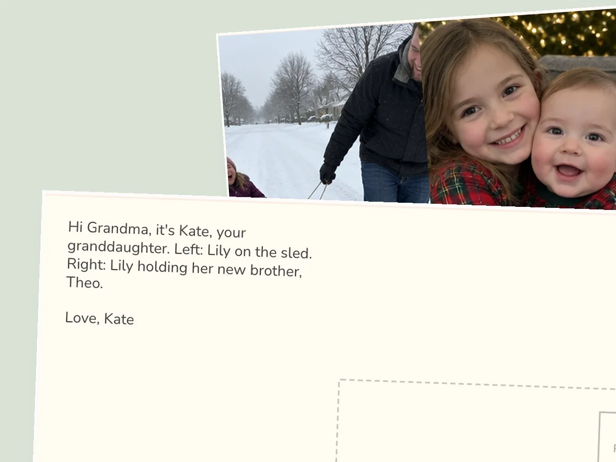 Postcard back in clear print type that tells Grandma who is in each photo: Lily on the sled, and Lily holding her new brother Theo