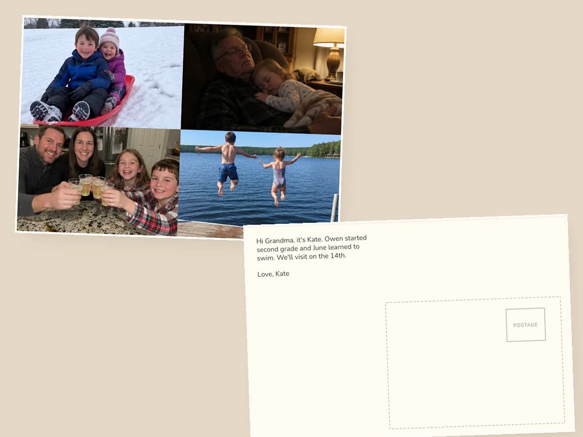 A printed 4×6 postcard with four family photos on the front and a short note to Grandma in print type on the back