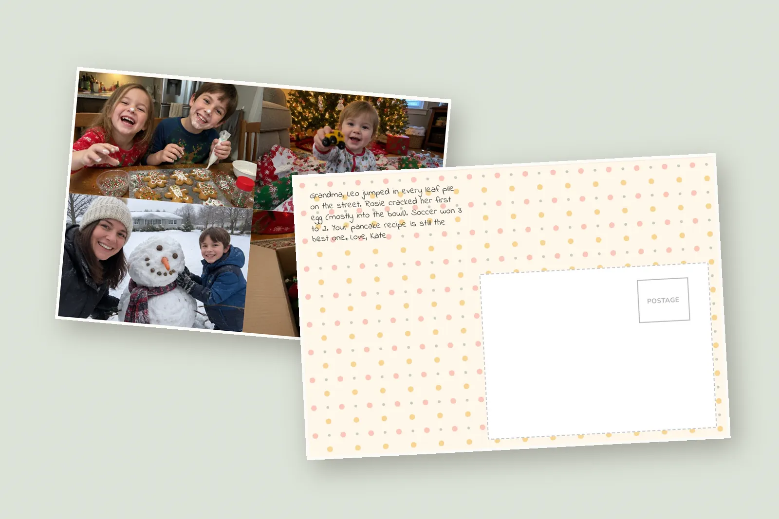 Gifts for nursing home residents: a printed photo postcard with four family photos, and a note to Grandma on the back