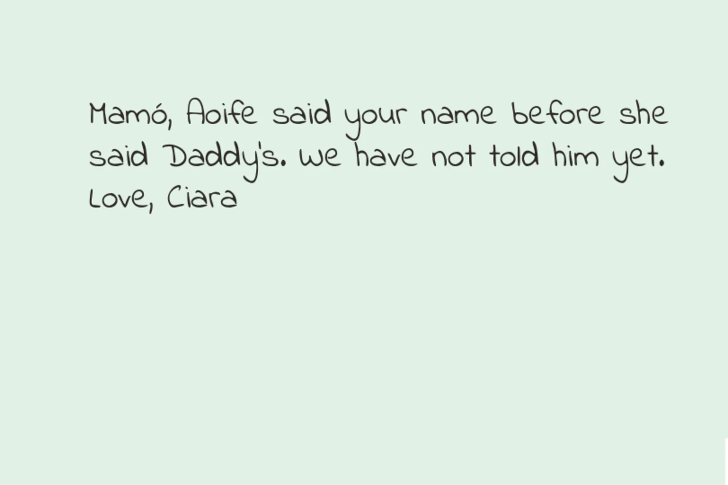 Irish grandparent names in print: a mint-green postcard back that begins “Mamó, Aoife said your name”