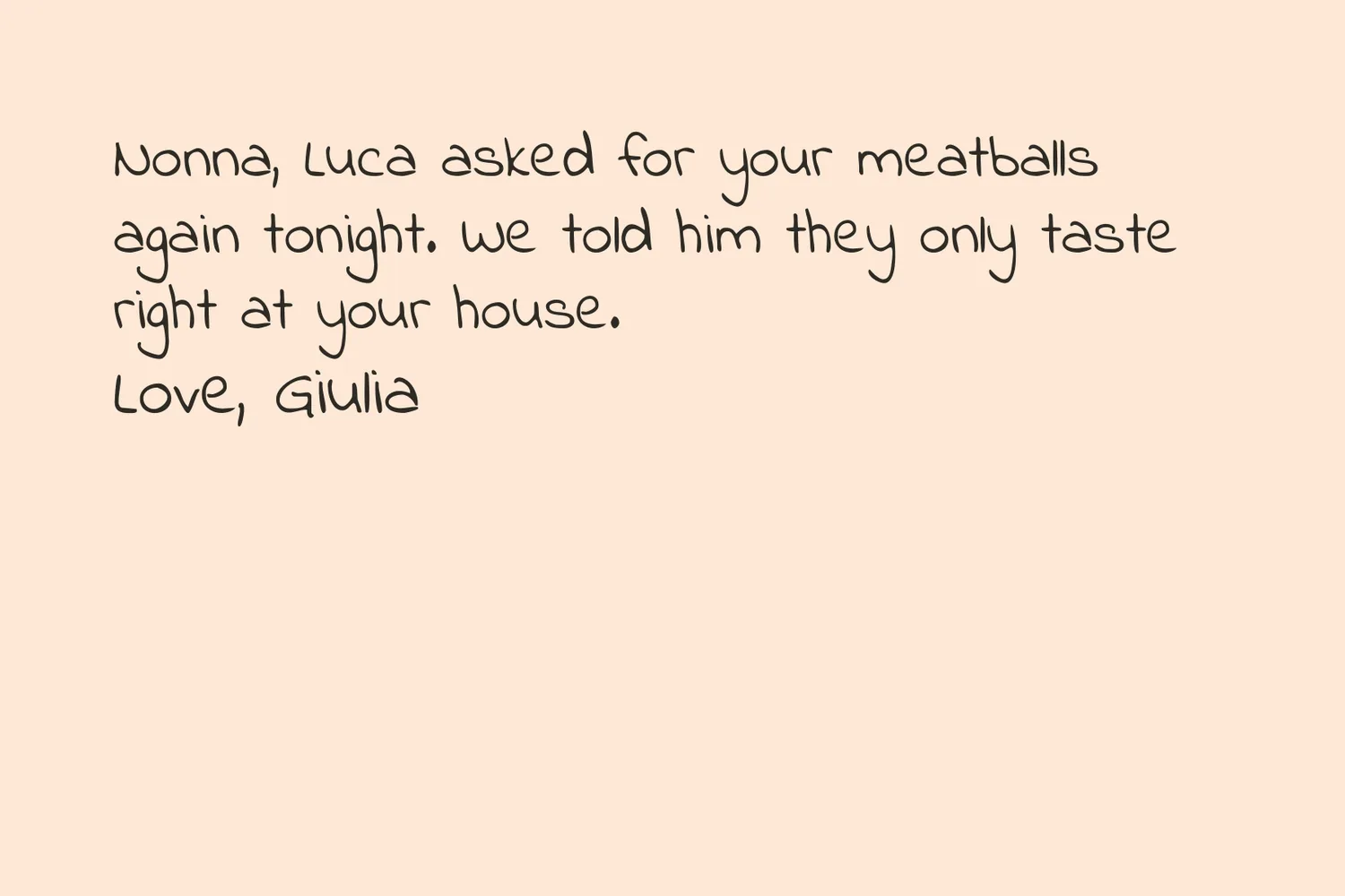 Italian grandma names in print: a peach postcard back that begins “Nonna, Luca asked for your meatballs”