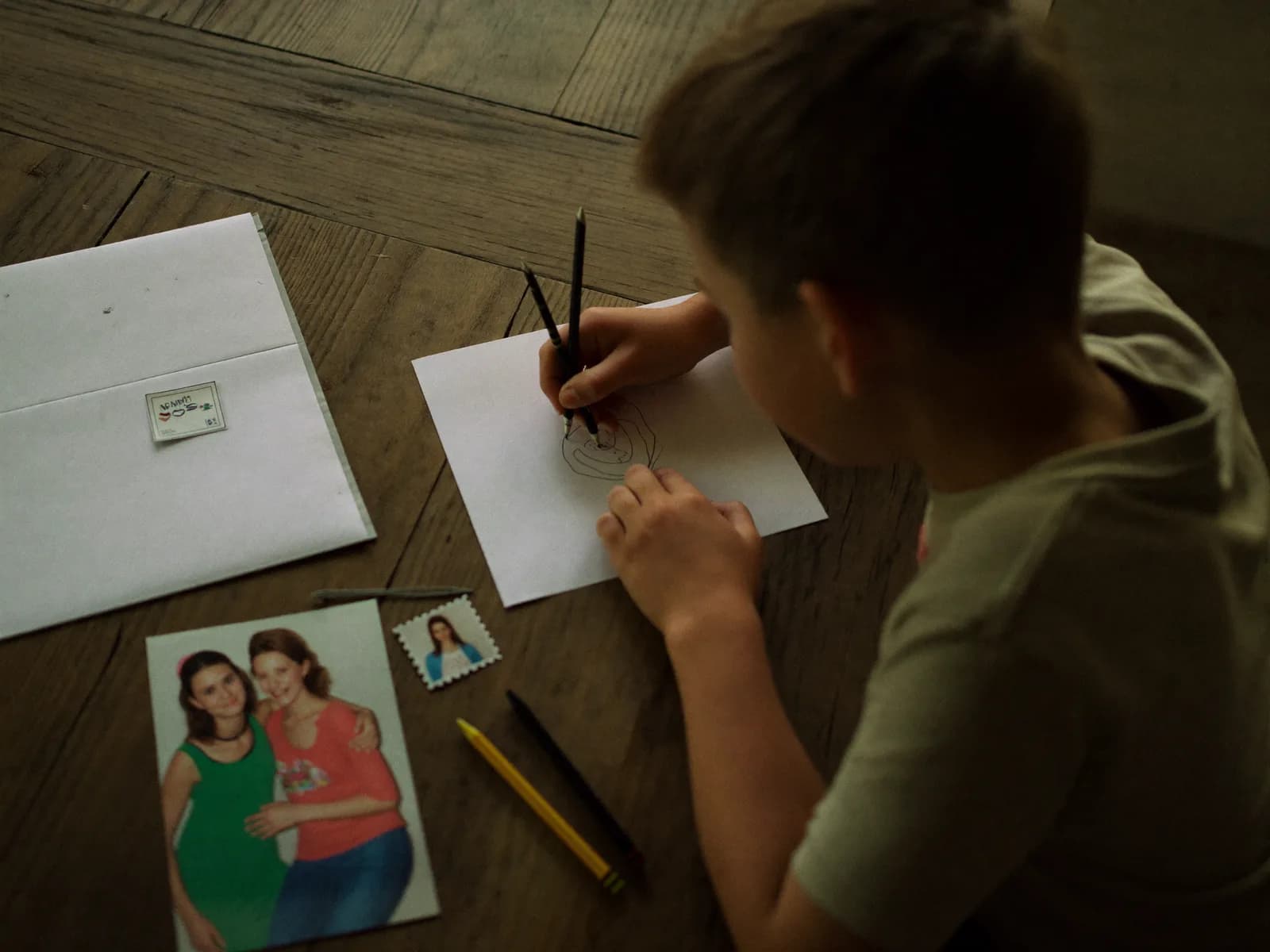 A child preparing a drawing and family photo to mail to a grandparent