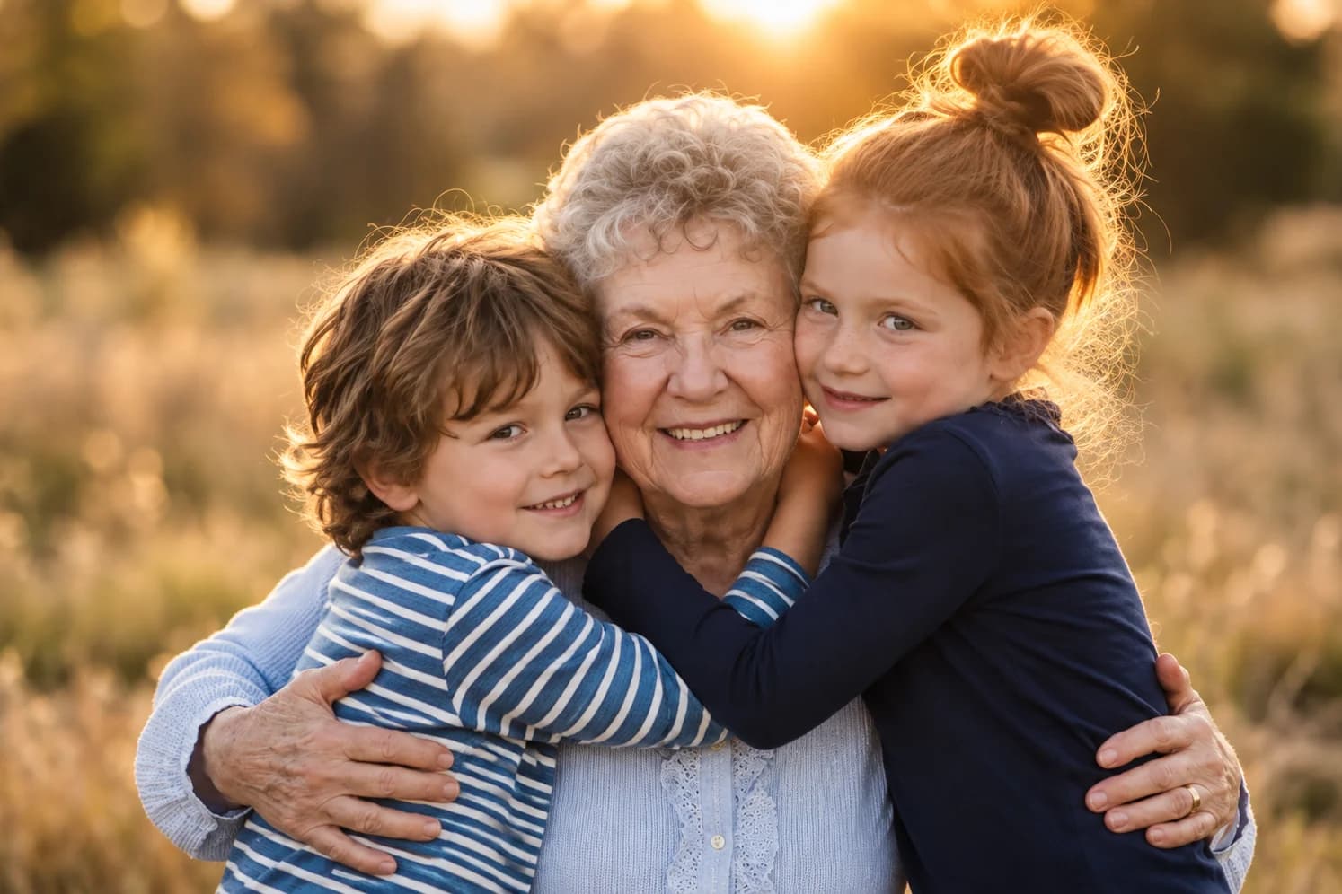 Names for grandma in practice: a grandmother hugged by her two grandchildren in a field at sunset