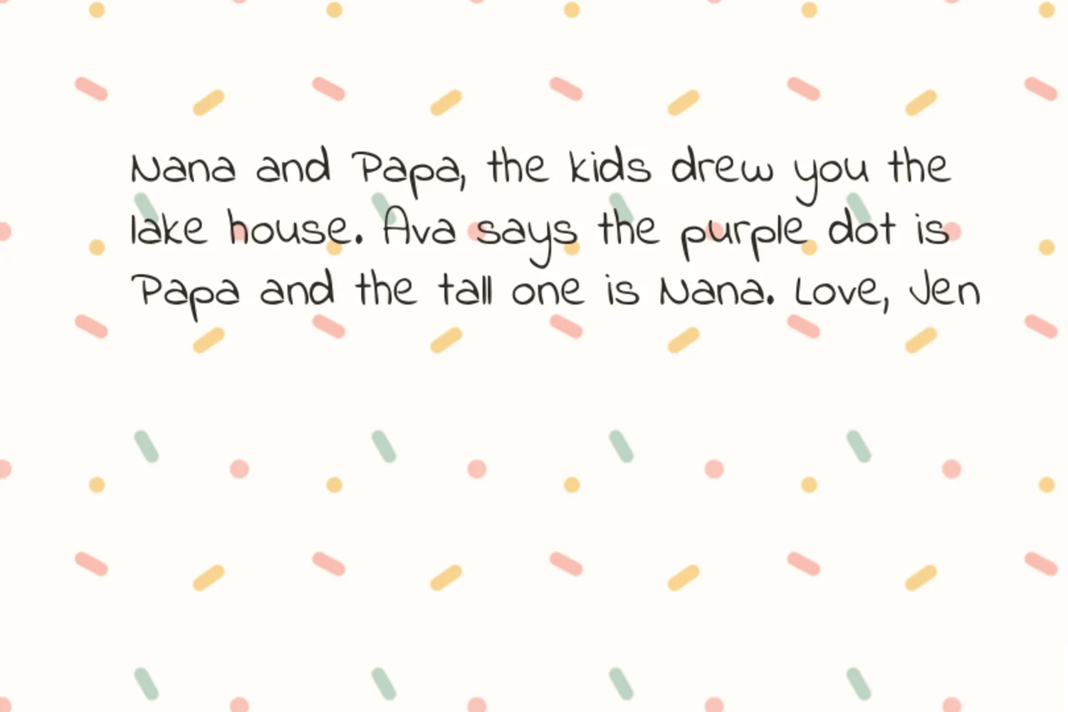 Names for grandparents on a postcard: a confetti-pattern card back addressed to Nana and Papa