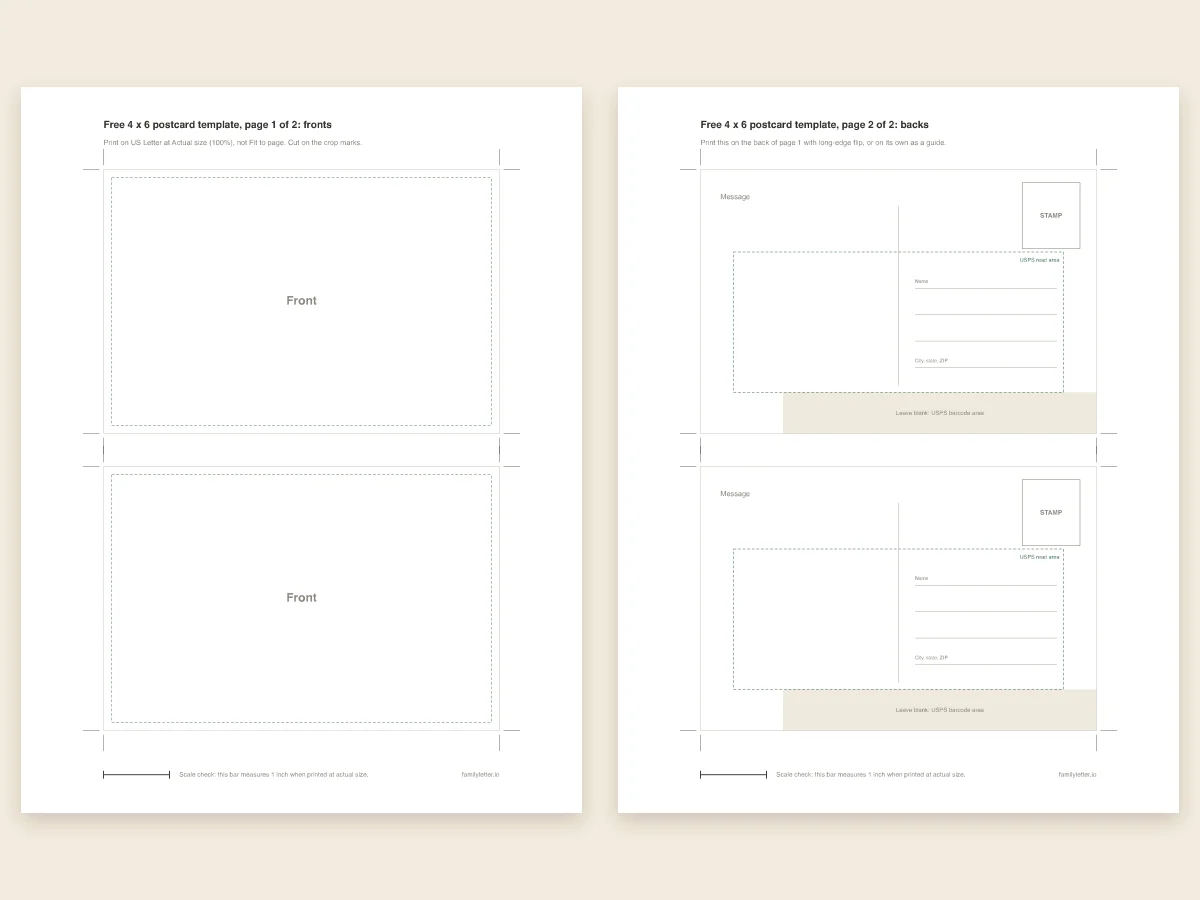 Two pages of the printable template: blank card fronts with crop marks, and card backs with a stamp box, address lines and a barcode strip