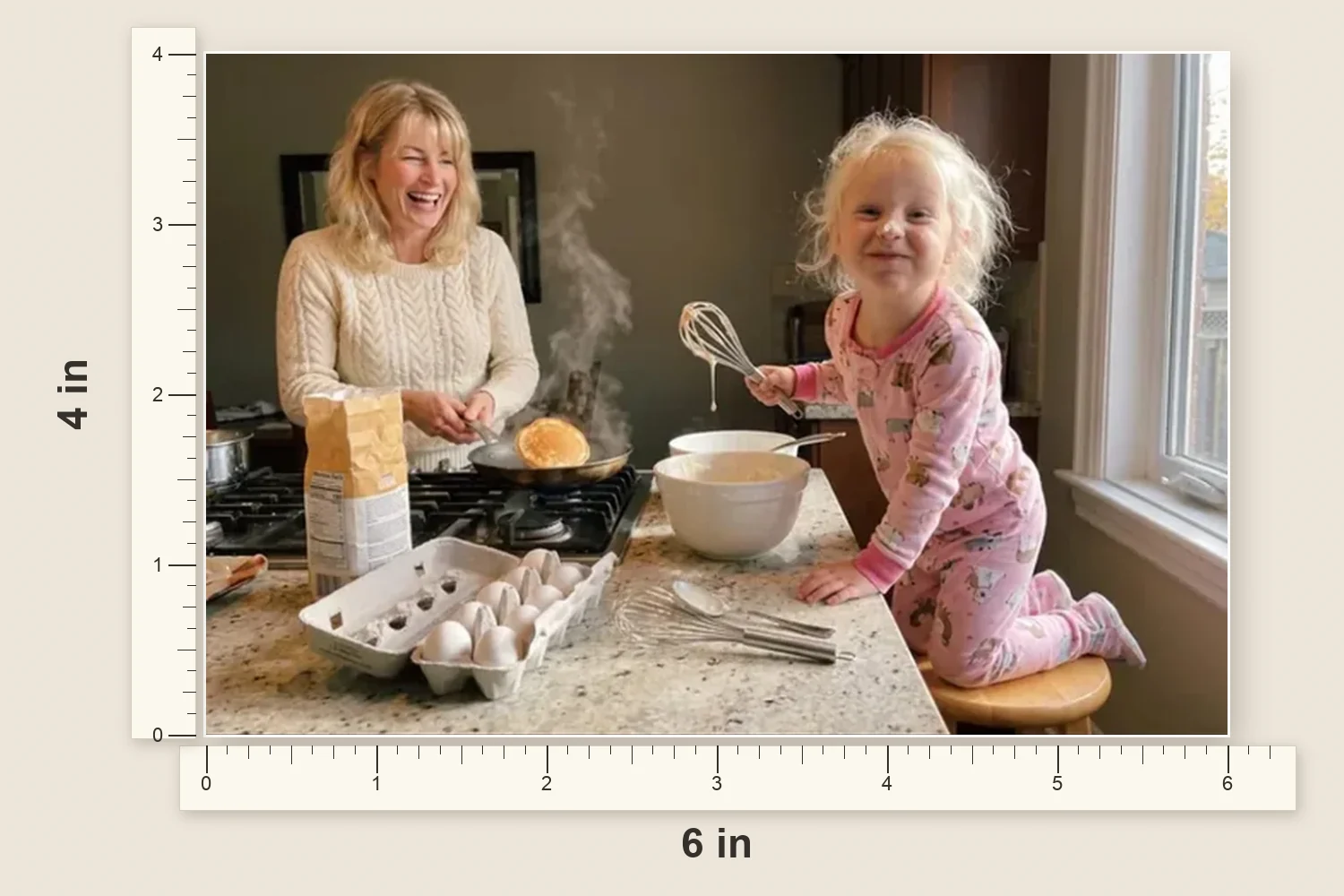 Standard 4 x 6 inch postcard size shown with a ruler on a FamilyLetter photo postcard
