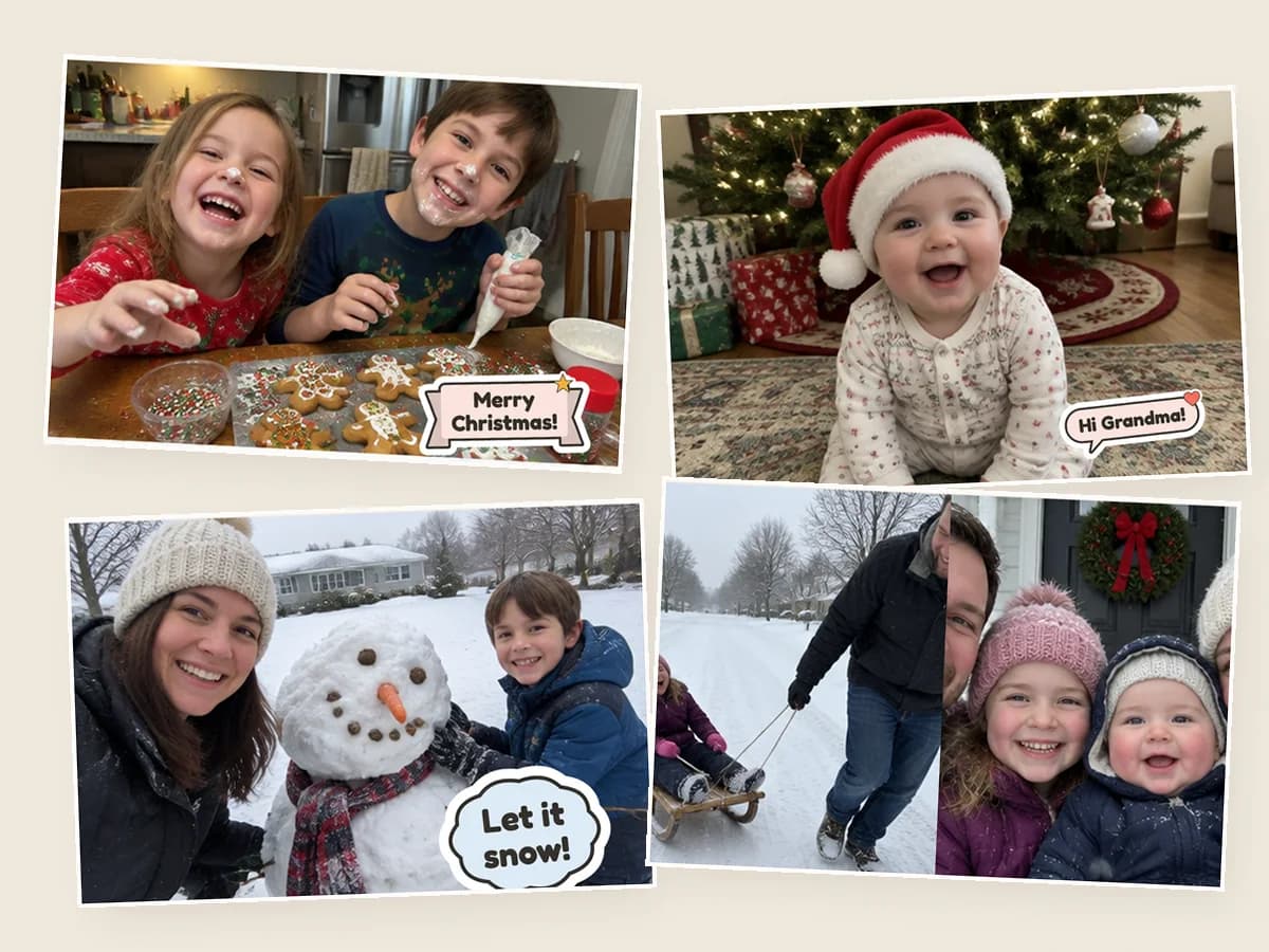 Four printed photo postcards fanned out: kids icing gingerbread, a baby in a Santa hat, a snowman, and a sled ride beside a family selfie