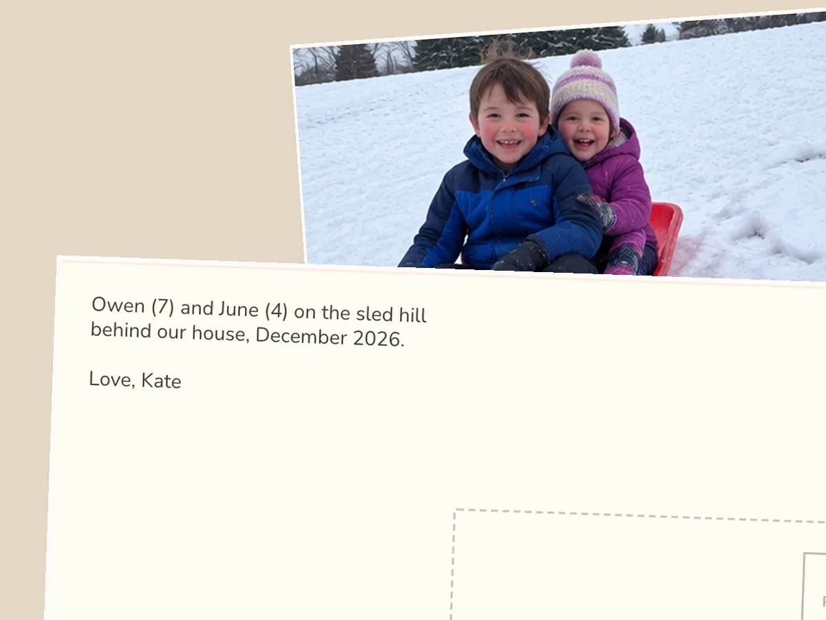 Back of a photo postcard in clear print type naming Owen (7) and June (4) on the sled hill, December 2026, with their sled photo on the front
