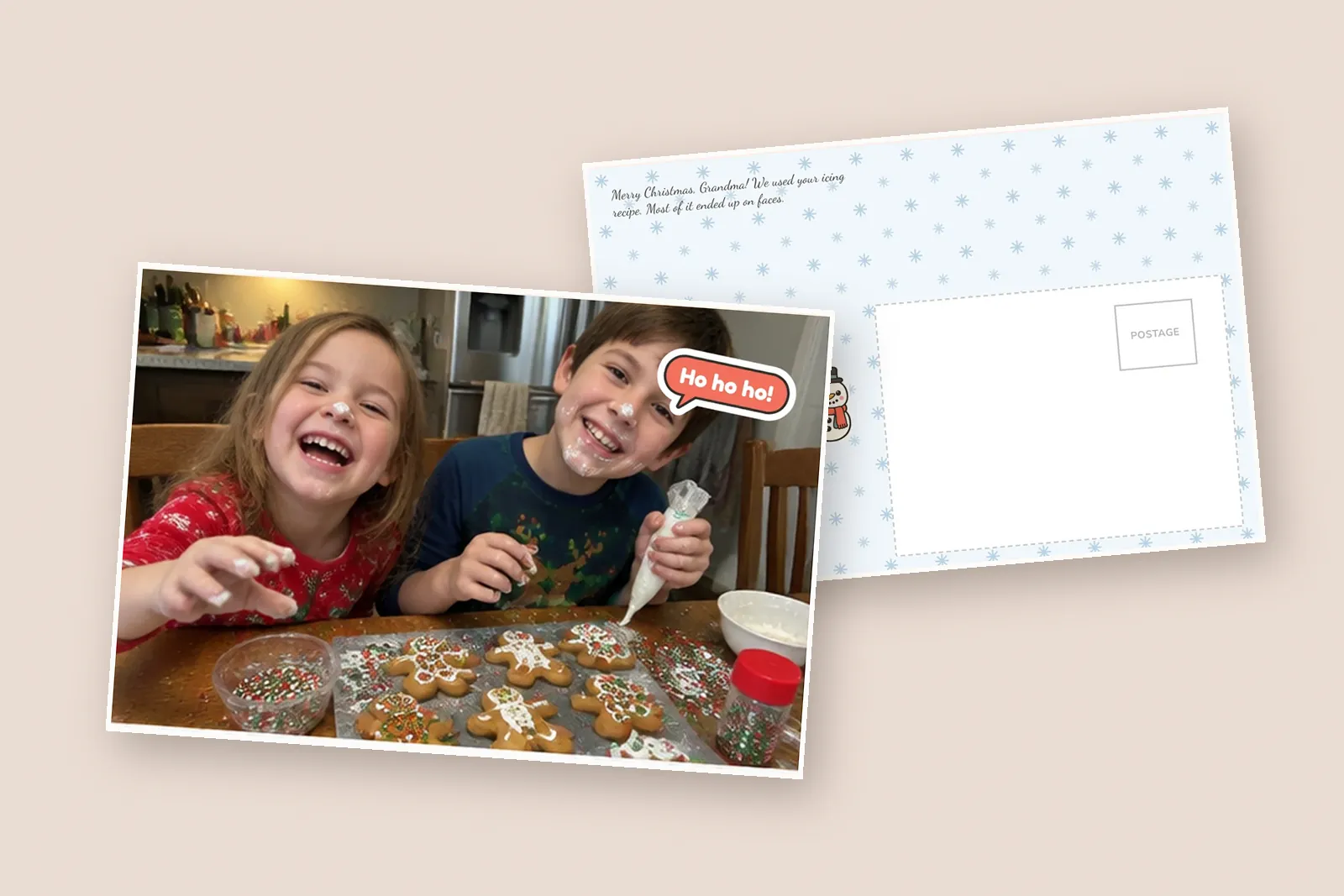 Stocking stuffers for grandparents: a printed photo postcard of two children icing gingerbread cookies, with a Merry Christmas, Grandma message on the back