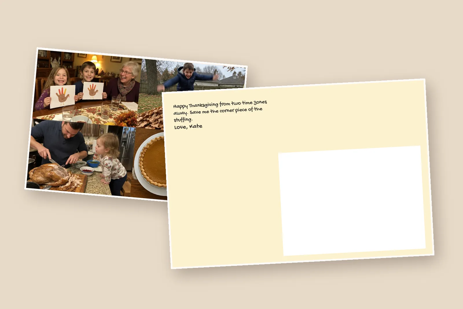 Thanksgiving card messages on the back of a 4×6 photo postcard, beside its four-photo front