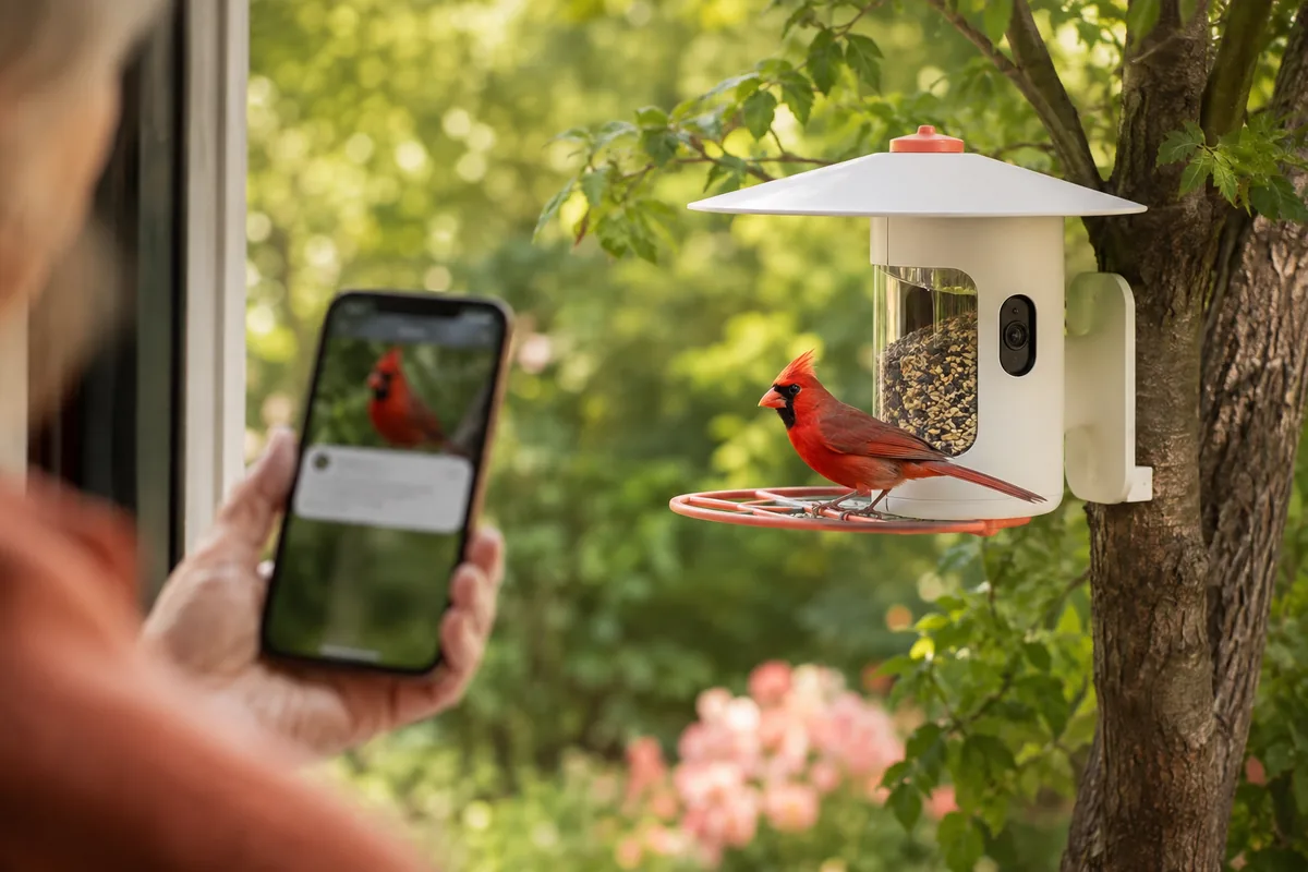 An illustrative smart bird feeder photographing a cardinal in a leafy backyard