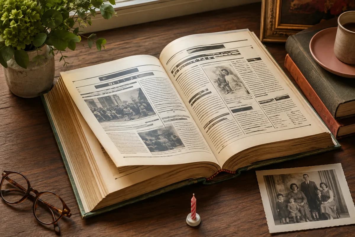 An illustrative archival birthday newspaper book on a wooden table