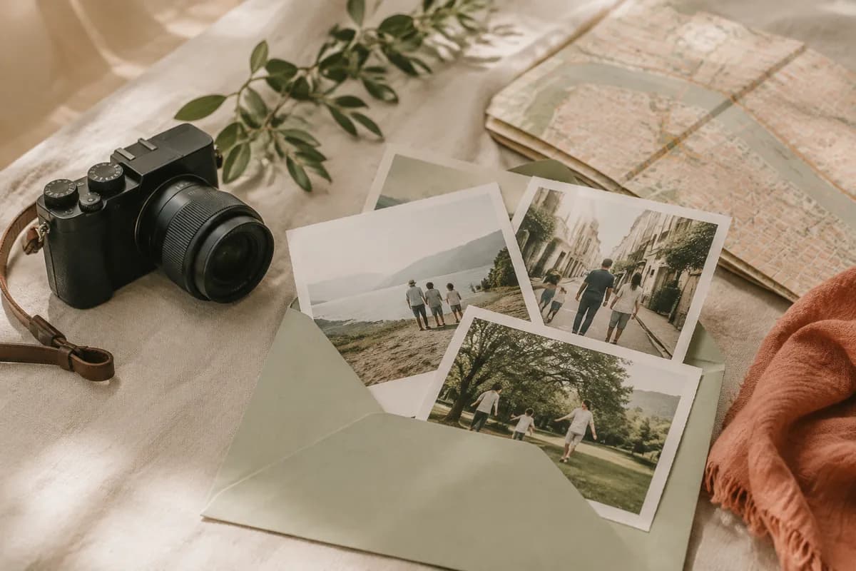 An illustrative camera, city map and envelope of fictional family travel photographs