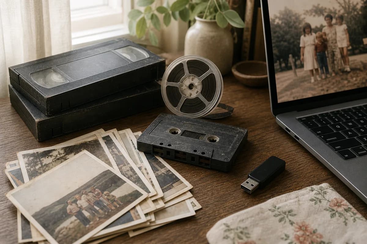 Illustrative arrangement of home videotapes, film, photographs and a USB drive