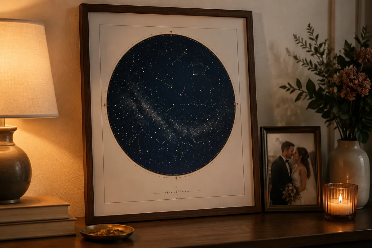 An illustrative framed custom star map beside a wedding photograph
