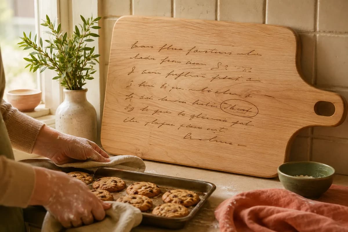 An illustrative maple recipe board beside a tray of homemade cookies