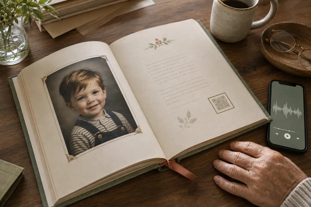 An illustrative life-story book with a family portrait and linked audio recording