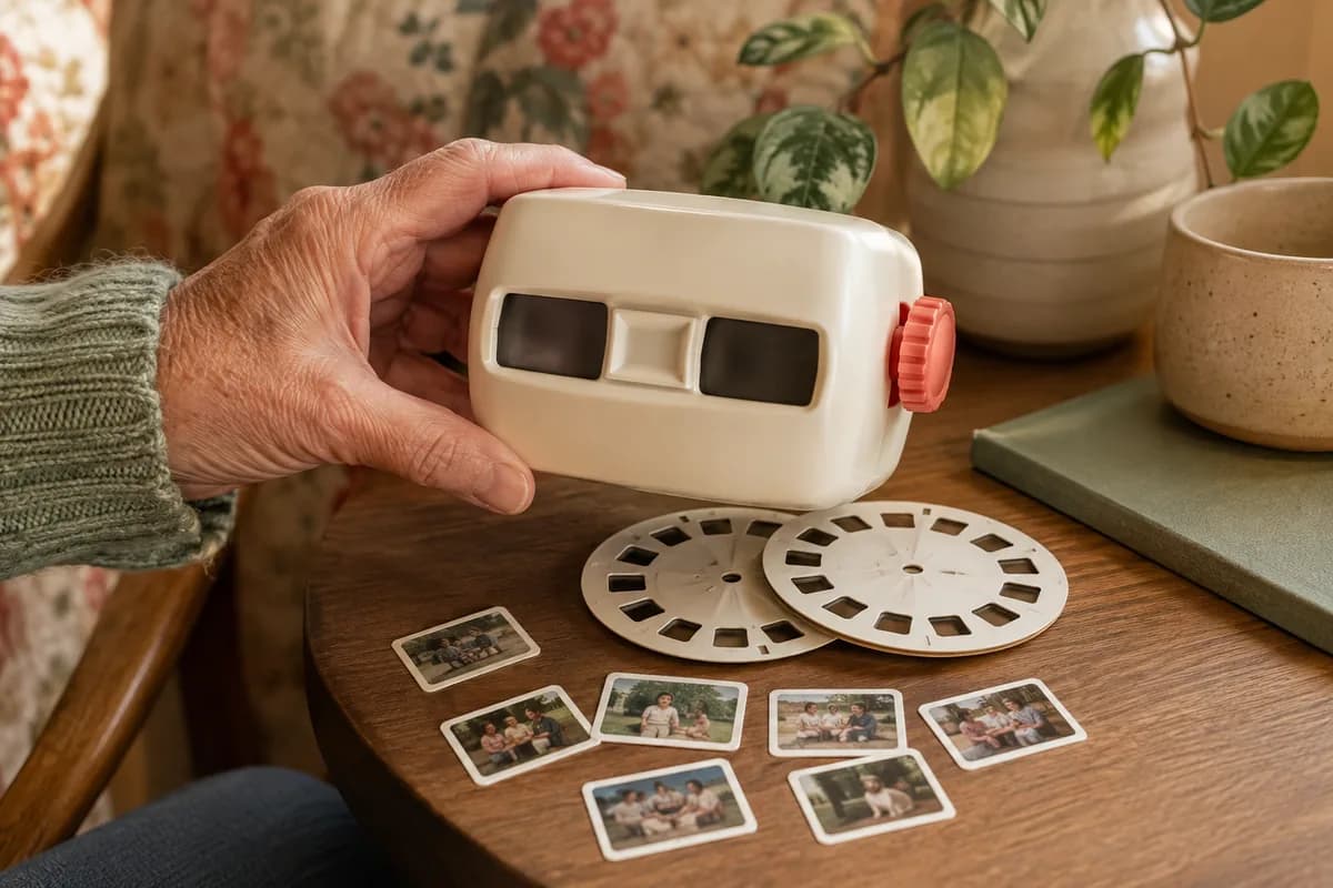 An illustrative cream stereo photo viewer with custom family photo reels
