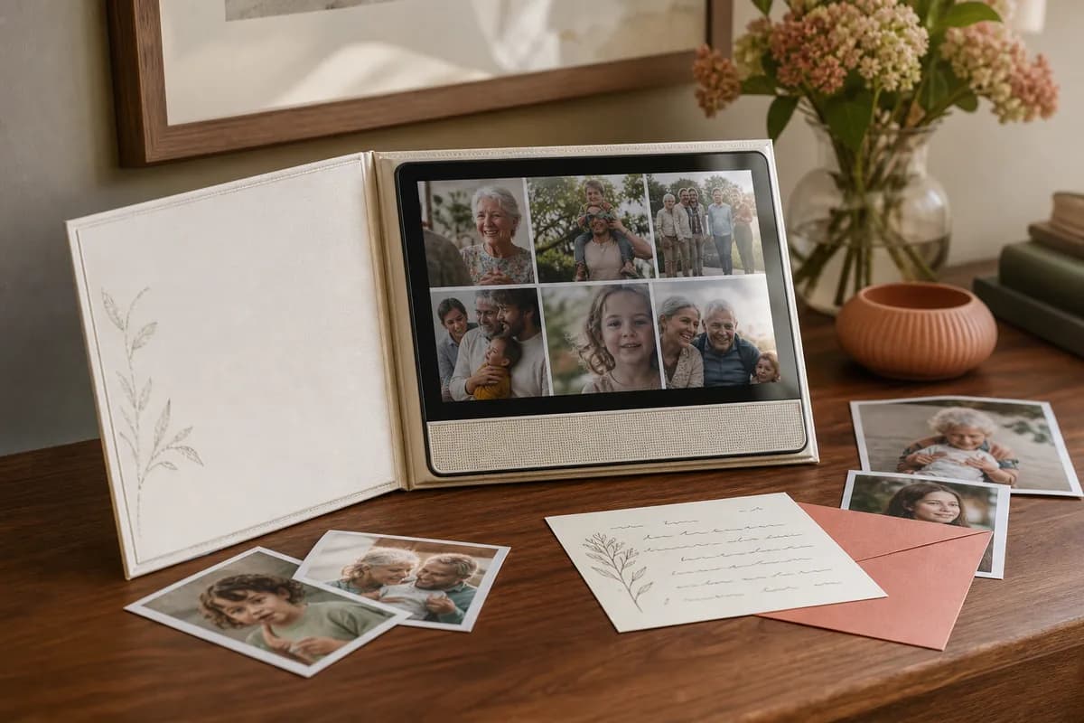 An illustrative video keepsake book surrounded by fictional family portraits