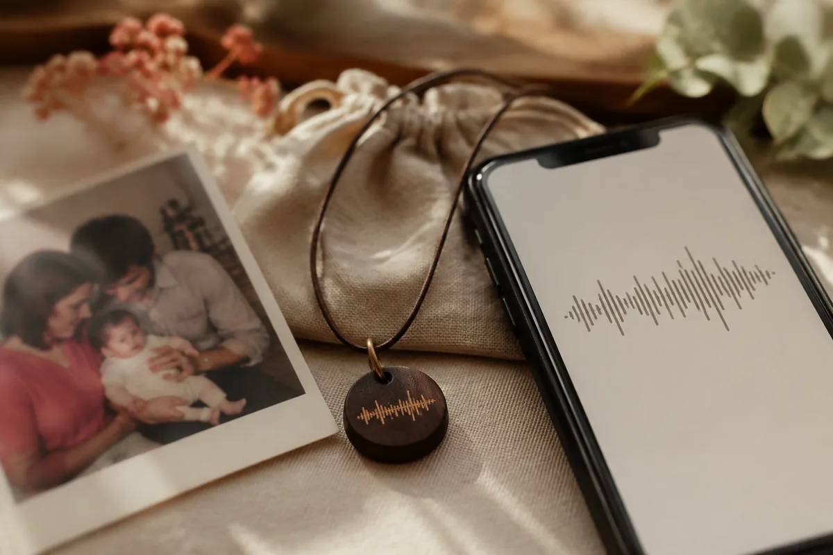 An illustrative wooden voice-message pendant beside a phone displaying an audio waveform