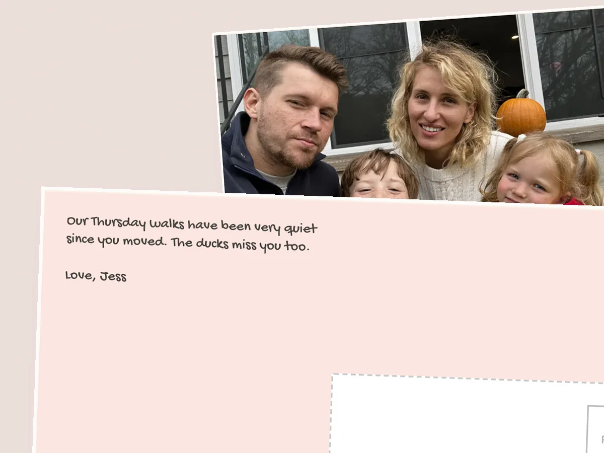 Pink postcard back to a friend who moved away: the Thursday walks are quiet and the ducks miss you too, signed Jess