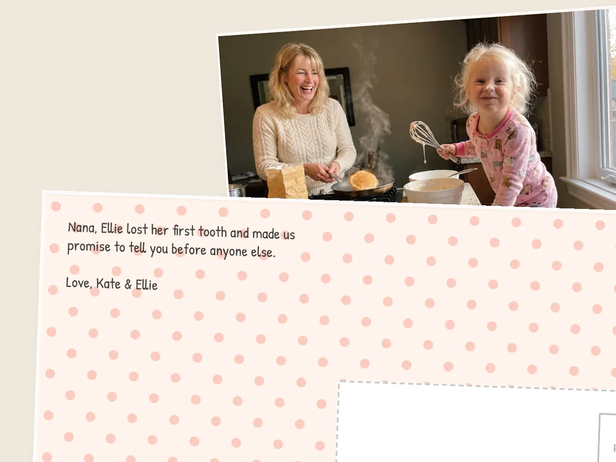 Polka-dot postcard back to Nana saying Ellie lost her first tooth and wanted Nana told first, with a photo of a girl baking on the front