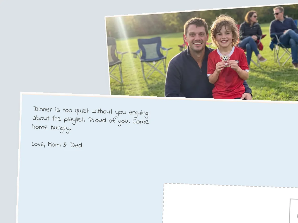 Pale blue postcard back from Mom and Dad saying dinner is too quiet without the playlist arguments, over a photo of a dad and son at a soccer game
