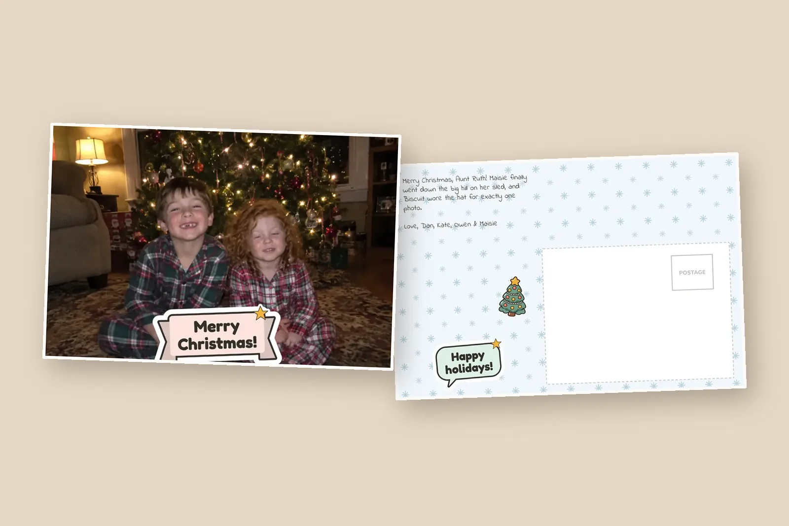 When to mail Christmas cards: two 4×6 Christmas photo postcards, one photo side up and one message side up