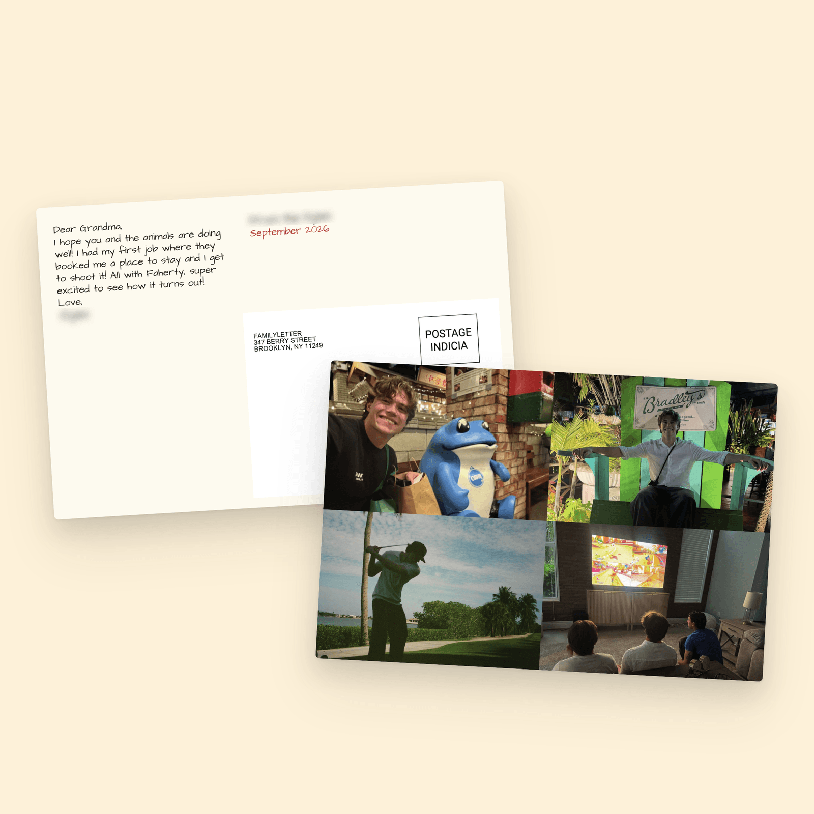 The front and back of a printed 4x6 family photo postcard