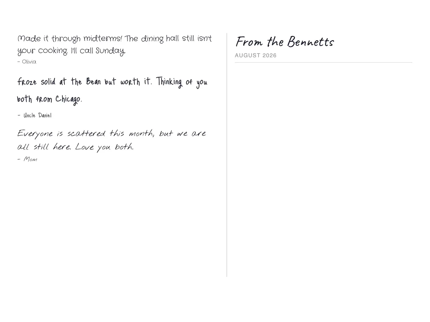 The reverse of a card, carrying a few lines from several relatives