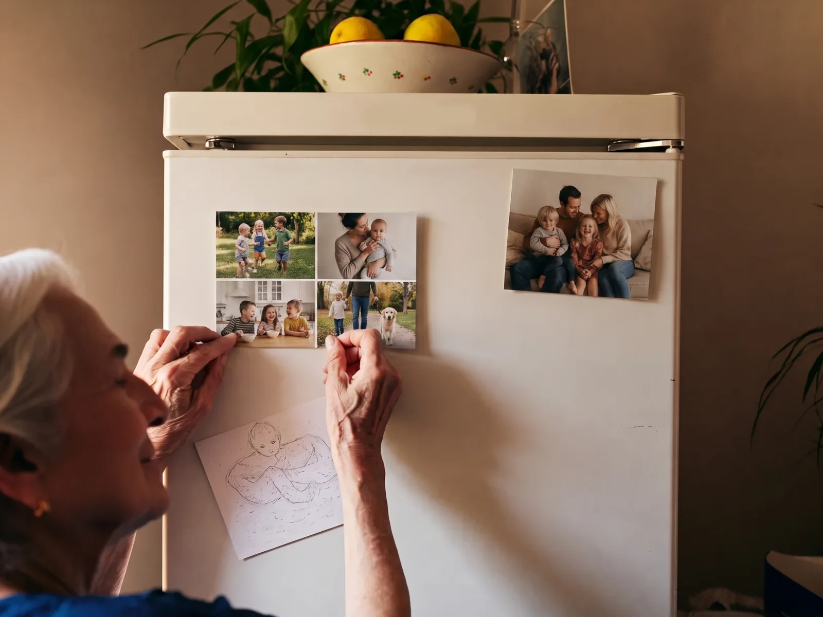 A grandmother placing a full-bleed family photo postcard on her refrigerator