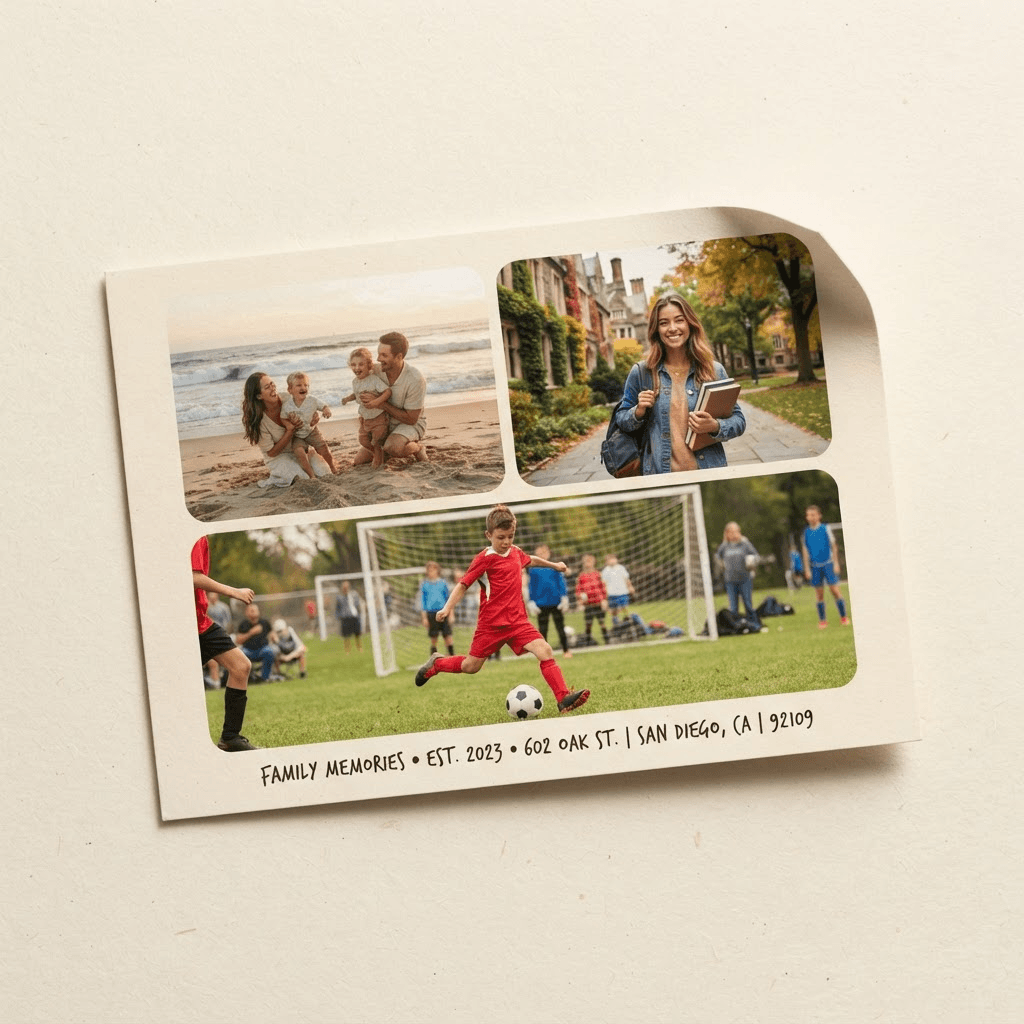 A printed FamilyLetter postcard with family photos on the front