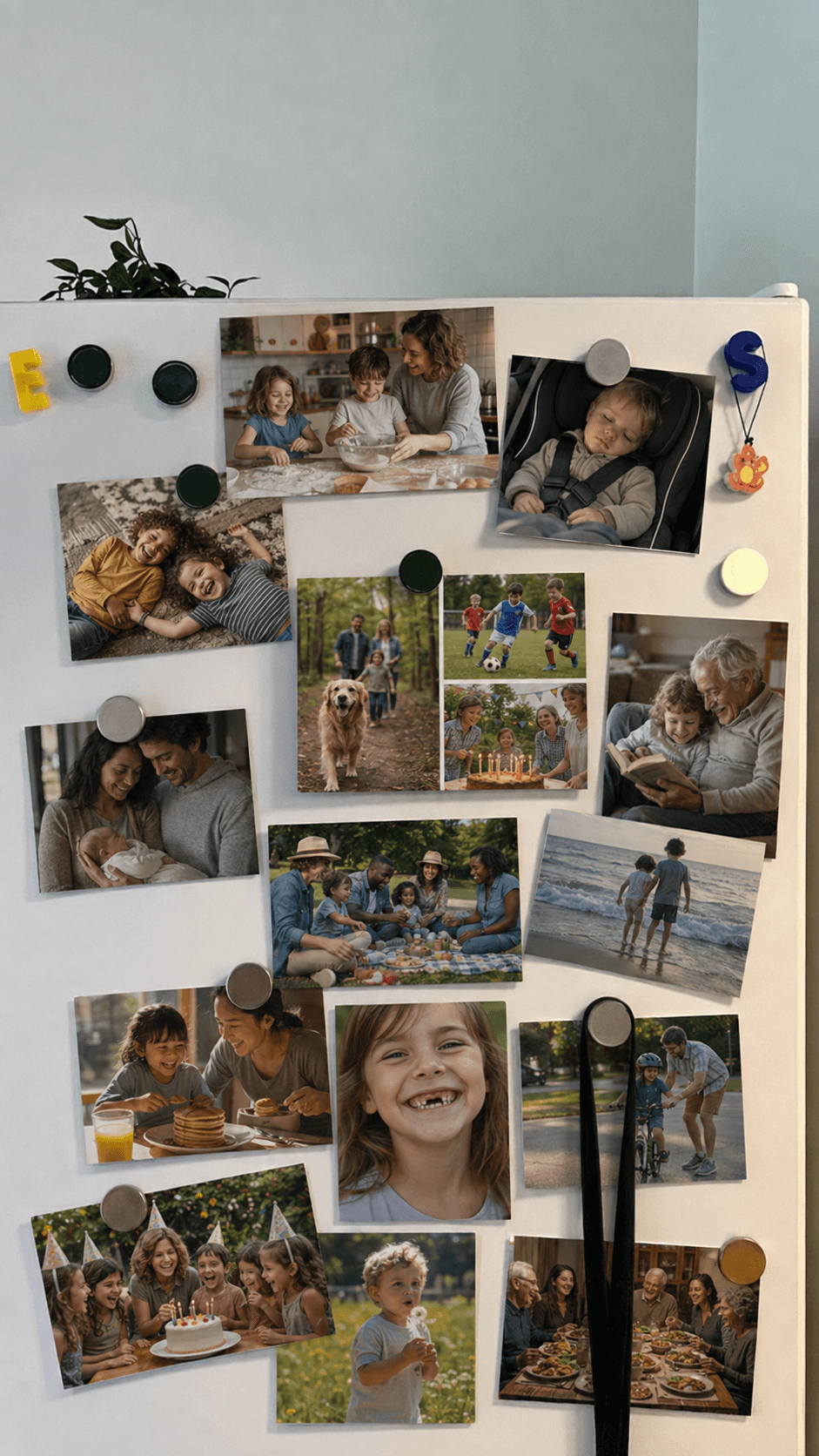 A FamilyLetter postcard held on a refrigerator with magnets