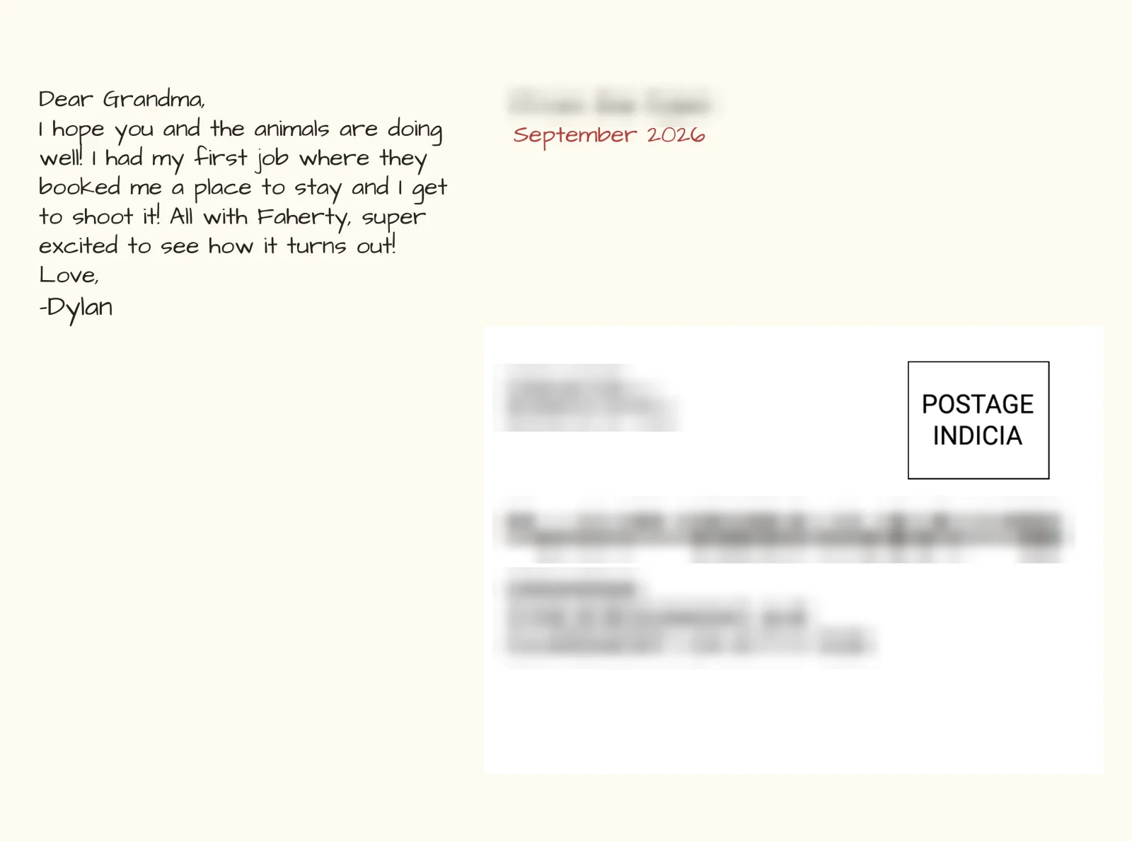 The message side of a real printed card, a signed note in a chosen handwriting style beside the mailing panel