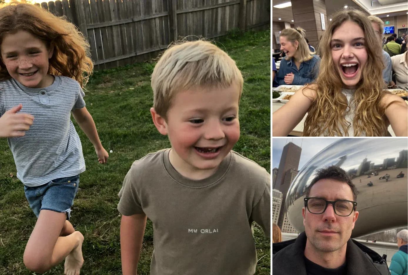 The photo side of a printed family postcard, showing a collage of recent family pictures