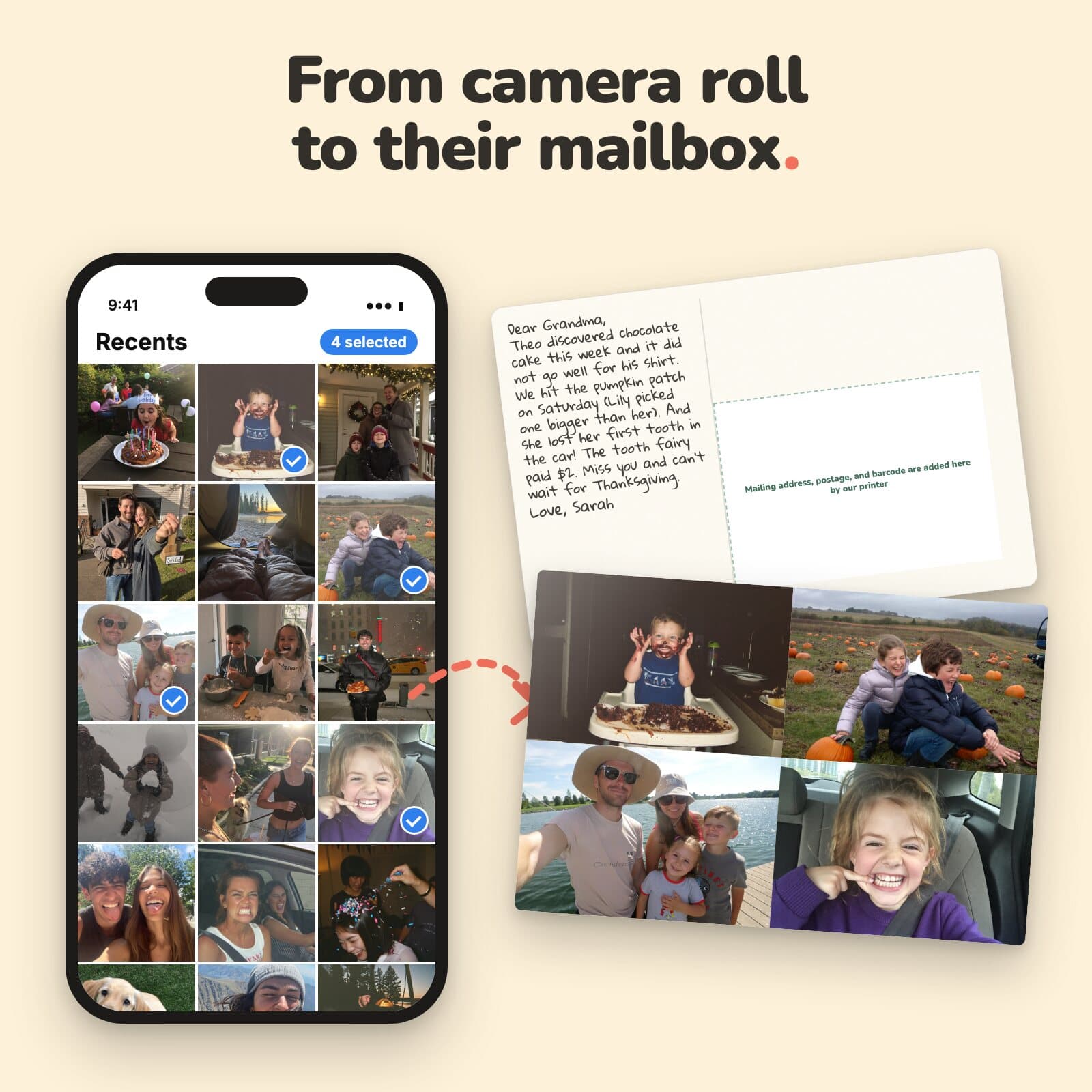 Photos picked from a phone's camera roll become a printed postcard, front and back
