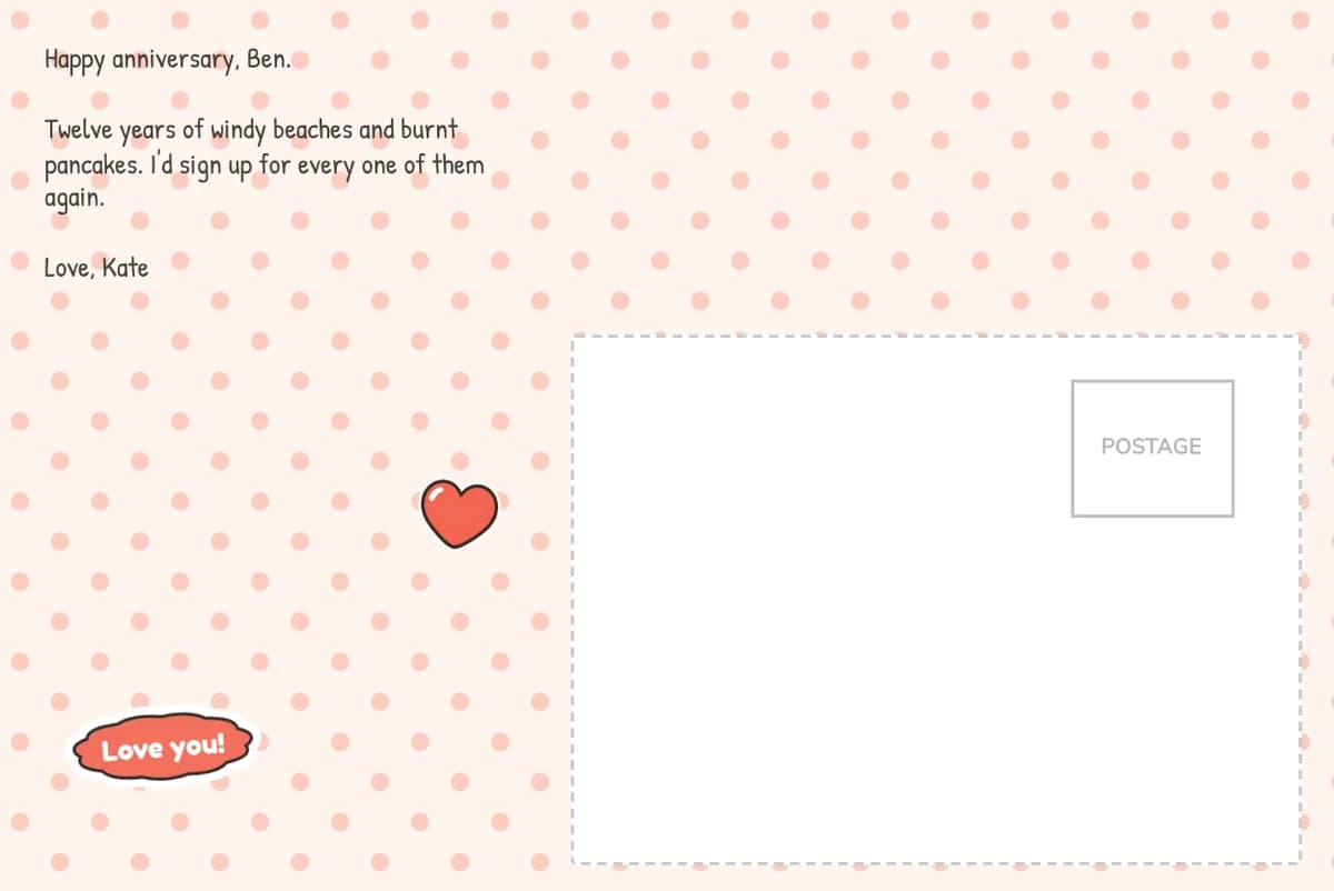 Card back on pink dots with a note to Ben about twelve years of windy beaches and burnt pancakes, signed Kate, with a Love you sticker and a heart