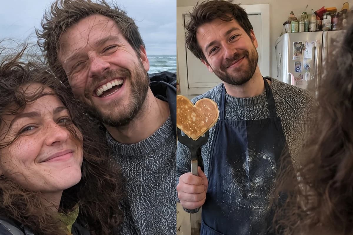 Card front with two photos: a couple grinning in the wind on a rocky beach, and him in an apron holding up a heart-shaped pancake