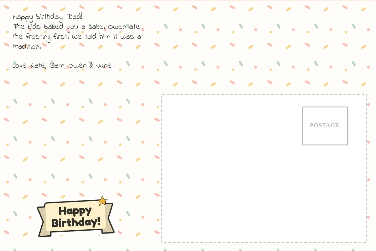Back of the cake card: confetti, a Happy Birthday banner and a note about Owen eating the frosting first