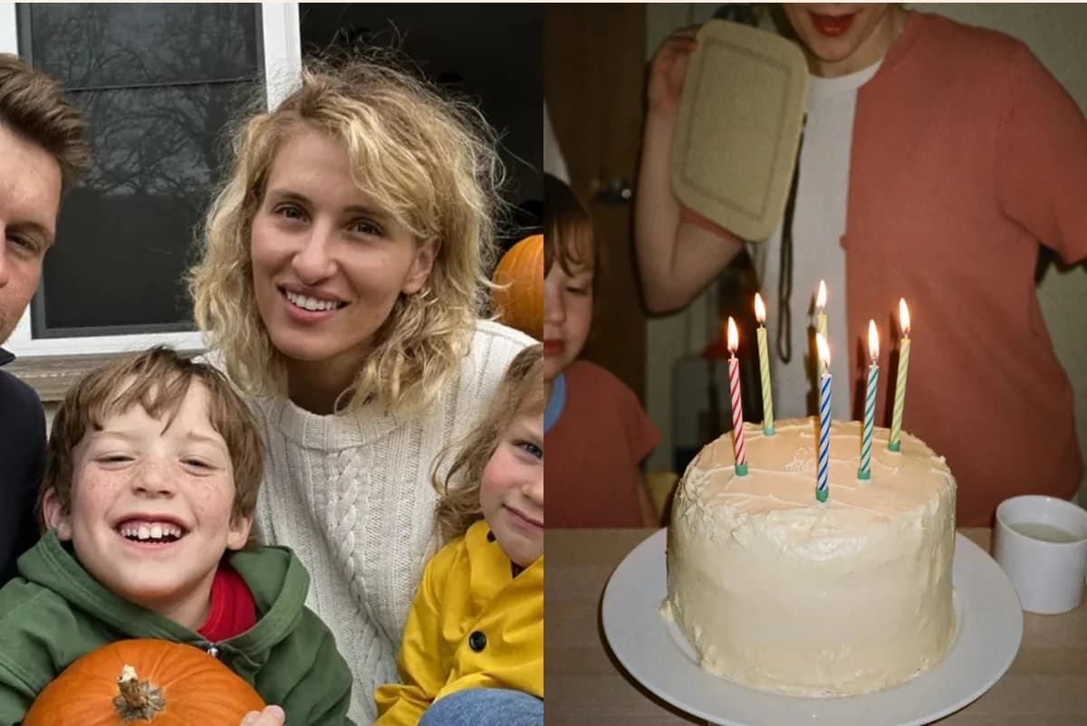 Card front with two photos: a mom and two kids on a porch with a pumpkin, and a birthday cake with lit candles