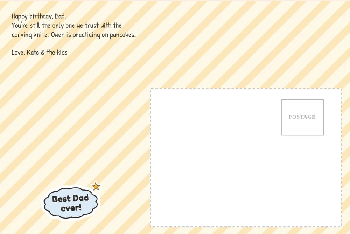 Back of the carving card: yellow stripes, a Best Dad ever sticker and a note about the carving knife