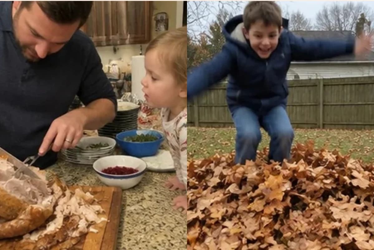 Card front with two photos: a man carving a turkey while a toddler watches, and a boy jumping into a leaf pile