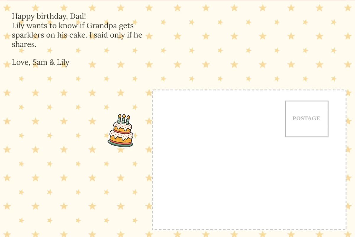 Back of the sparklers card: a star pattern, a cake sticker and a note from Sam and Lily